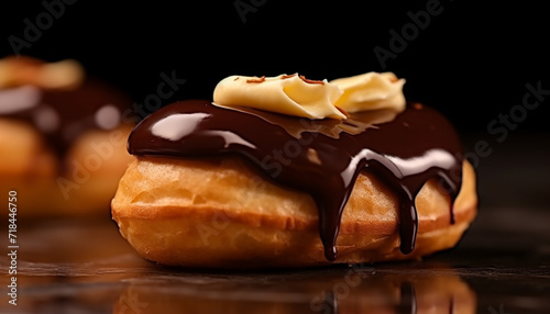 Freshly baked chocolate eclair, a tempting indulgence with creamy filling generated by AI