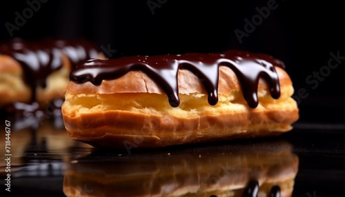 Freshly baked chocolate eclair with creamy vanilla custard and chocolate icing generated by AI