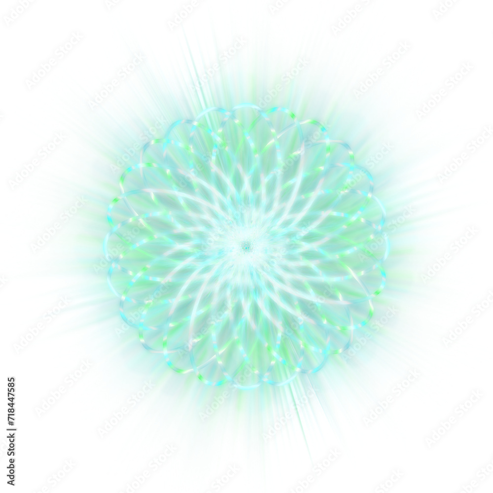 An abstract cut out transparent iridescent star burst design element.