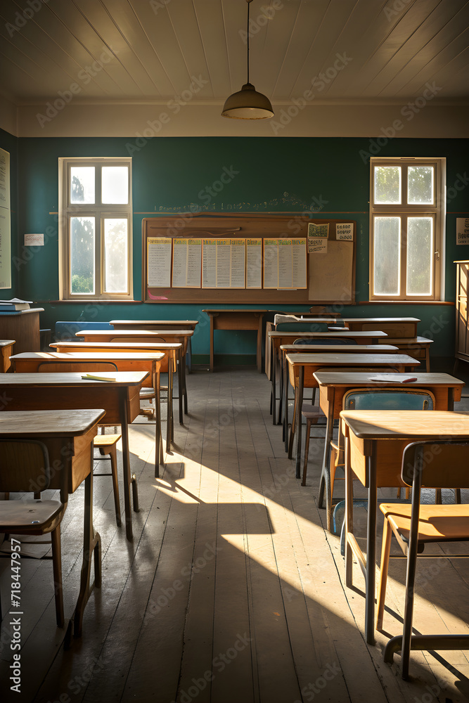 Serene View of an Empty, Sunlit Classroom Awaiting Activity