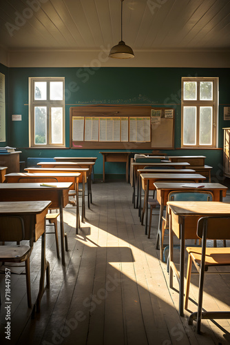 Serene View of an Empty, Sunlit Classroom Awaiting Activity