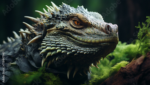 Close up of a green iguana multi colored scales in tropical forest generated by AI © Jemastock