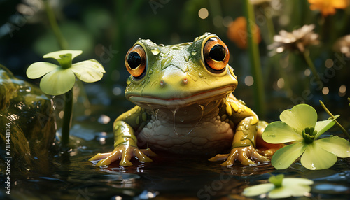 A cute toad sitting on a wet leaf, looking at camera generated by AI © Jemastock