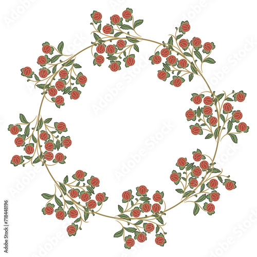 Round floral frame with blooming branches. Circular wreath with red flowers, fruits or berries and green leaves on white background. Folk style. 