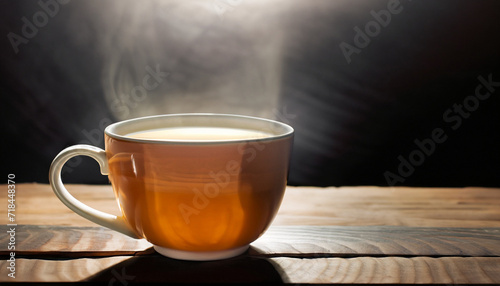 Hot teacup Placed on an old wooden table on a black background  the soft sunlight shone into a warm atmosphere.