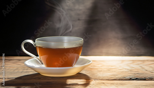Hot teacup Placed on an old wooden table on a black background, the soft sunlight shone into a warm atmosphere.