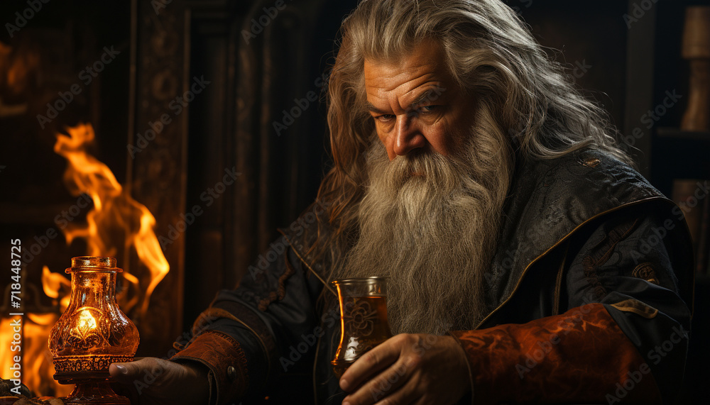 A lonely old man sitting by the fire, holding whiskey generated by AI