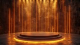 Gold empty podium floating in the air in dark scene with wall of line vertical gold neon lamps around