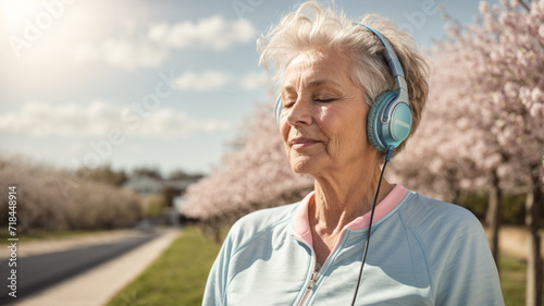 Mature middle aged woman meditating with headphones in the park while sunbathing in winter wearing sportswear. Wellbeing, training and health care in adulthood 