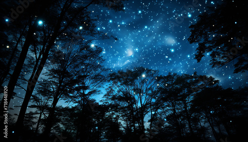 Night dark nature illuminated by blue starry tree silhouette outdoors generated by AI