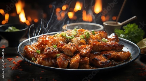 Delicious grilled yakitori with vegetable toppings  blur background