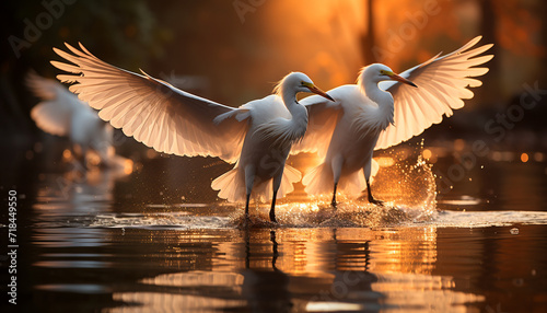 Seagull and egret dance in mid air, grace in autumn generated by AI