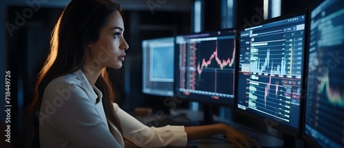Woman market analyst studding charts in front of computer display setup