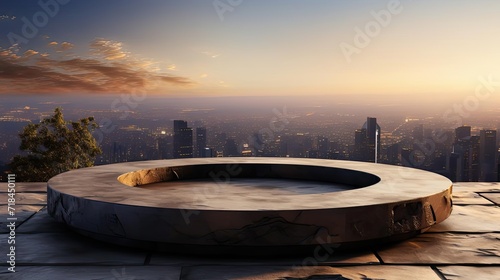 3d circle rock podium product stand or display with Sky and city background and cinematic light