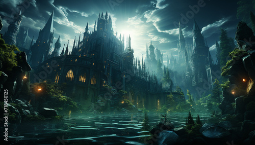 Spooky gothic skyscraper illuminates city skyline in dark autumn night generated by AI