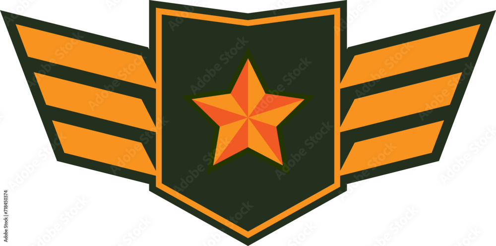 Obraz premium Military badge with wings and star on green and orange. Army patch emblem, aviation insignia vector illustration.