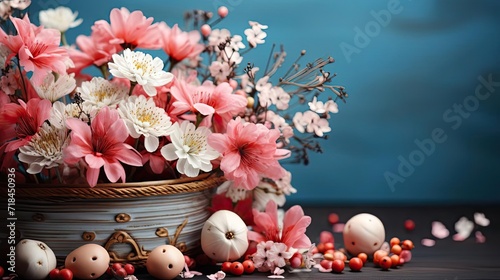 beautiful easter day background concept with pink eggs and flowers