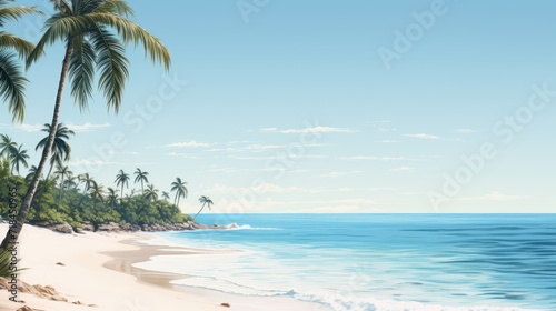 A pristine secluded beach with minimalistic palm trees against a clear sky capturing the essence of a tropical paradise  AI generated © Olive Studio