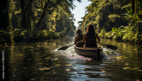 Two women canoeing in the summer, enjoying nature and togetherness generated by AI