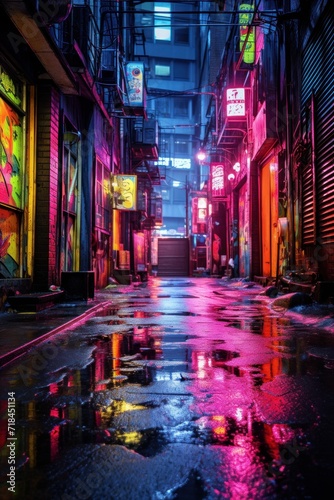 A rain-soaked alleyway glowing with neon graffiti AI generated