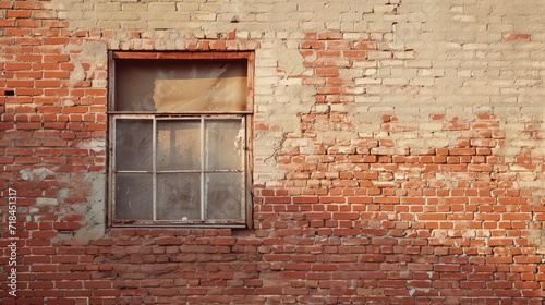 An old window and texture of brick wall. Image of an old industrial grid window with mullion and muntin on ruined factory building and worn brickwall. photo