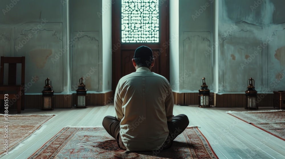 Muslim man sitting on a beautiful mosque looks back for praying and asking forgiveness to Allah.
