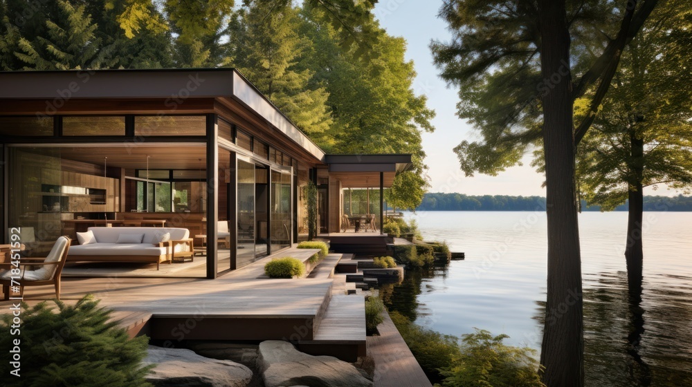 A serene lake house with a modern design AI generated