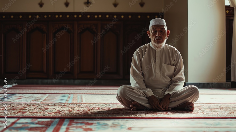 Fototapeta premium Muslim man sitting on a beautiful mosque looks back for praying and asking forgiveness to Allah.