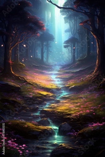 A serene forest scene with neon light accents AI generated