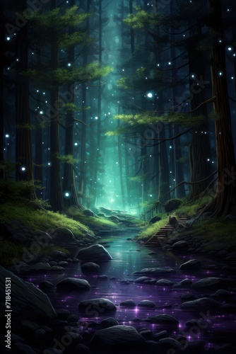 A serene forest scene with neon light accents  AI generated © Olive Studio