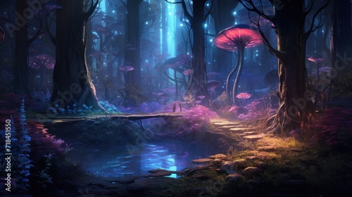 A serene forest scene with neon light accents AI generated