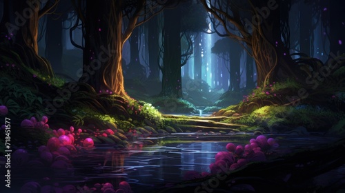 A serene forest scene with neon light accents  AI generated