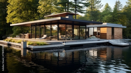 A serene lake house with a modern design  AI generated © Olive Studio
