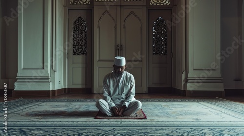 Muslim man sitting on a beautiful mosque looks back for praying and asking forgiveness to Allah. photo