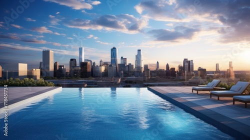 A serene rooftop pool with a city skyline view AI generated