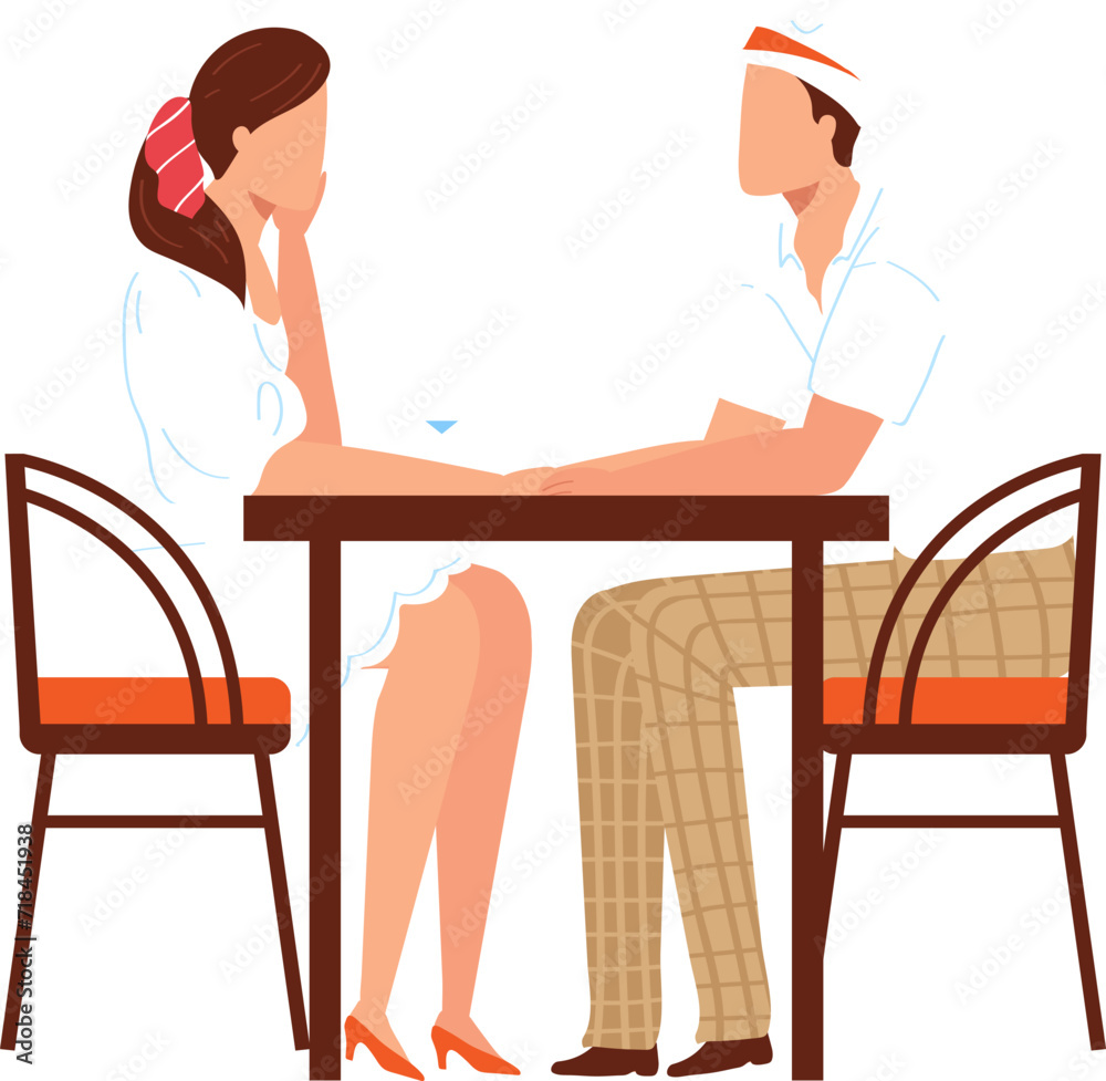 Woman in office attire sitting across the table from a man in casual wear. Two people in a serious discussion or interview. Business meeting and problem-solving vector illustration. Woman in office attire sitting across the table from a man in casual wear. Two people in a serious discussion or interview. Business meeting and problem-solving vector illustration.