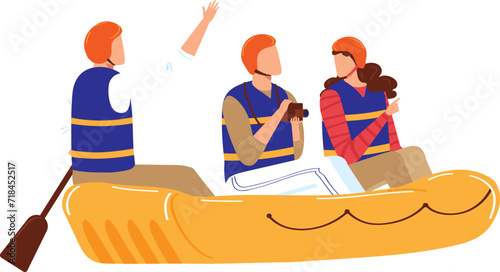Three people wearing life jackets in a yellow raft. Two men and a woman on a rafting adventure, one waving. Outdoor activities and team building vector illustration.