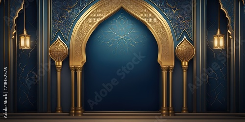 A room with walls carved with gold and blue Arabic ornaments. generative AI