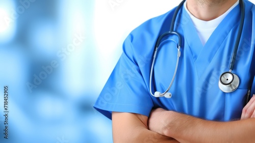 Medical professional in blue scrubs with a stethoscope