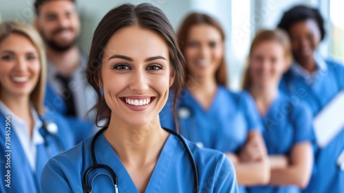 Group of medical staff in scrubs smiling confidently