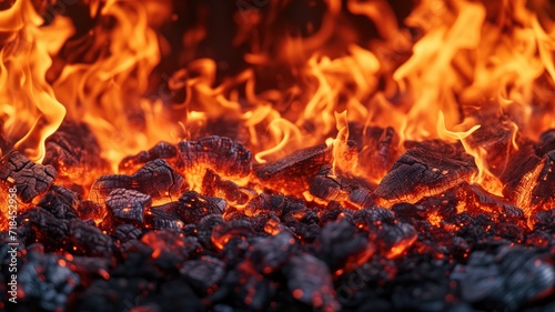 Intense fire burning over charred wood pieces
