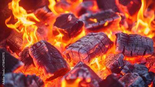 Blazing charcoals and fire in a grill