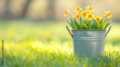 Yellow daffodils in a metal bucket on a lush green lawn