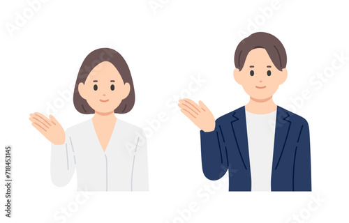 案内のポーズをするビジネスパーソン男女のセット【人物ベクターイラスト素材】