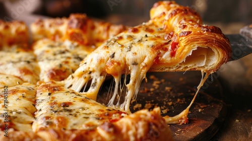 a slice of a croissant crust pizza pulled away horizontally to the side, crust having layers like croissant and there is lots of melted cheese melting away from the pizza piece photo
