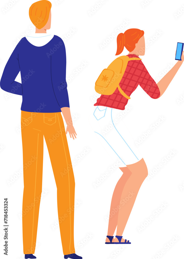 Caucasian man standing with back turned and redhead woman walking using smartphone Casual outfit, modern life and disconnected interaction vector illustration. Caucasian man standing with back turned and redhead woman walking using smartphone Casual outfit, modern life and disconnected interaction vector illustration.
