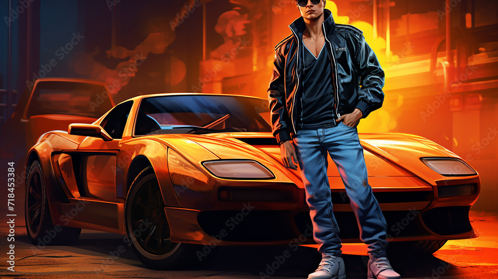 street racer in a trendy racing jacket and jeans, leaning against a ...