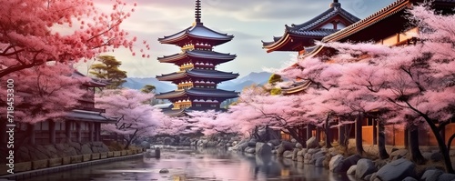 A view with Japanese style nuances with beautiful pagodas and cherry blossoms. generative AI