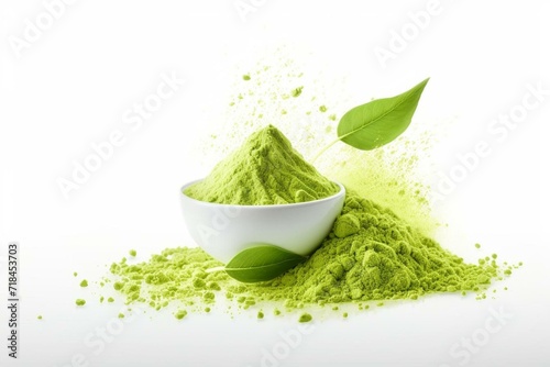 Explosive matcha tea mockup with flavored powder and kratom leafs on white background. Generative AI