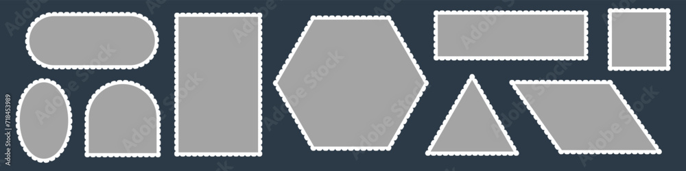 Obraz premium Postage stamps. Set of Blank postage stamps shape isolated on white background. Postal frame sticker template.
